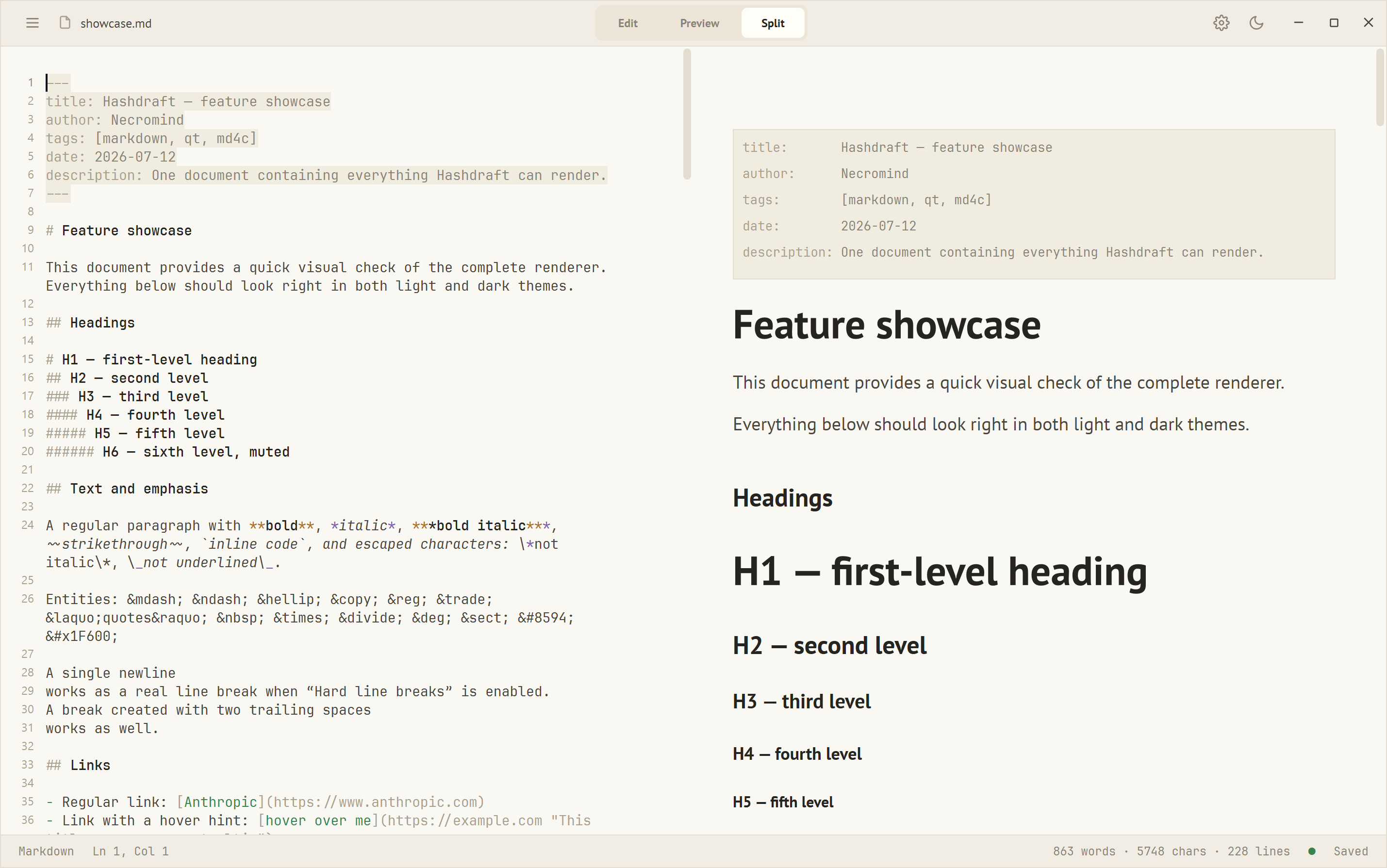 Hashdraft in Split mode — Markdown source on the left, the rendered document on the right